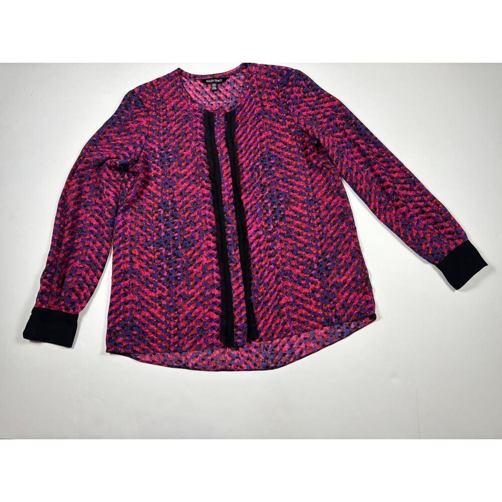 Ellen Tracy Womens Petite Small Pink Purple Abstract Print Chiffon Trim Blouse